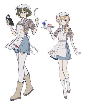 2girls :o absurdres alternate_costume apron blue_eyes blue_shorts boots brown_boots brown_hair brown_shirt brown_shoes cake closed_mouth commentary_request cup drink food full_body green_eyes hands_up hat highres holding holding_notebook holding_quill kiperina kneehighs korean_commentary looking_at_viewer low_ponytail medium_hair mossi_(mossi0816) multiple_girls neckerchief newsboy_cap notebook ponytail puffy_short_sleeves puffy_sleeves quill recoleta_(reverse:1999) reverse:1999 shirt shoes short_sleeves shorts sketch socks standing striped_clothes striped_shirt tray vertical-striped_clothes vertical-striped_shirt waist_apron waitress white_background white_hat white_neckerchief white_socks white_wrist_cuffs wrist_cuffs