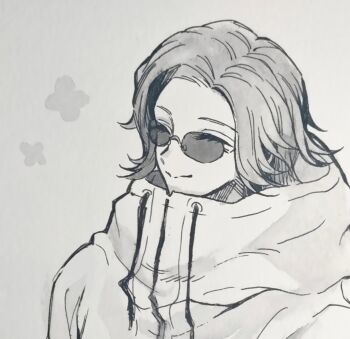 1boy ^_^ aotsuki_eito chinese_commentary closed_eyes commentary_request drawstring facing_ahead greyscale hatching_(texture) highres jacket linear_hatching male_focus monochrome mususky short_hair sketch solo sunglasses the_hundred_line_-last_defense_academy- traditional_media upper_body