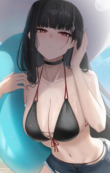 1girl alternate_costume bare_shoulders bikini black_bikini black_choker black_hair blue_archive blush breasts bright_pupils choker cleavage denim denim_shorts hair_ornament hairclip halo hat highres holding holding_swim_ring innertube large_breasts long_hair looking_at_viewer navel red_eyes rio_(blue_archive) shorts solo stomach sun_hat swim_ring swimsuit very_long_hair wet white_pupils yamikyon