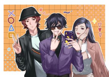 Rule 34 | 1girl, 2boys, amano maya, belt, black hair, black hat, black jacket, black shirt, bracelet, brown-tinted eyewear, brown belt, brown eyes, brown hair, bucket hat, cellphone, closed mouth, collared shirt, commentary, crossbody bag, earrings, english commentary, fanny pack, hair between eyes, hand on own cheek, hand on own face, hat, highres, holding, holding phone, jacket, jacket on shoulders, jewelry, long hair, long sleeves, looking at phone, multiple boys, official alternate costume, one eye closed, open clothes, open jacket, partially unbuttoned, persona, persona 1, persona 2, persona 2 batsu, persona 2 tsumi, phone, pink jacket, purple shirt, red eyes, red lips, red nails, ring, selfie, shirt, shirt tucked in, short hair, silver bracelet, single earring, smartphone, smile, striped clothes, striped jacket, sunglasses, suou tatsuya, sweatdrop, tinted eyewear, toudou naoya, turtleneck, turtleneck shirt, v, v over mouth, vertical-striped clothes, vertical-striped jacket, white shirt, zrein2356