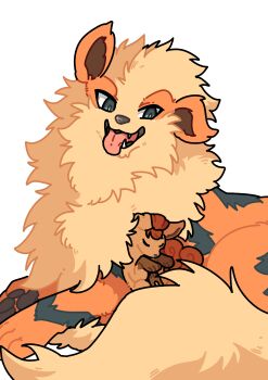 Rule 34 | absurdres, arcanine, curled up, fluffy, gen 1 pokemon, highres, looking at another, nintendo, no humans, ohayou milk, pokemon, pokemon (creature), sleeping, sleeping on pokemon, thick lineart, tongue, tongue out, vulpix, white background