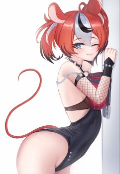 1girl against_wall alternate_costume animal_ears black_choker black_one-piece_swimsuit black_streaks blue_eyes blush breast_press breasts brulee choker closed_mouth cosplay hakos_baelz highres hololive hololive_english jane_doe_(nocturne_of_light)_(zenless_zone_zero) jane_doe_(zenless_zone_zero) jane_doe_(zenless_zone_zero)_(cosplay) large_breasts medium_hair mouse_ears mouse_girl mouse_tail o-ring o-ring_choker one-piece_swimsuit one_eye_closed red_hair smile solo standing swimsuit tail two_side_up virtual_youtuber white_streaks zenless_zone_zero