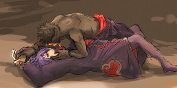 1boy 1girl akatsuki_(naruto) akatsuki_uniform arms_up black_hair hand_grab hand_on_another&#039;s_face harakara12 hetero konan_(naruto) looking_at_another lying naruto_(series) naruto_shippuuden on_back purple_hair short_hair tobi_(naruto) uchiha_obito