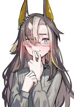 1girl animal_ears black_hair blue_eyes blush brown_hair commentary_request dream_journey_(umamusume) eyewear_strap glasses grey_shirt hair_between_eyes highres horse_ears horse_girl long_hair long_sleeves looking_at_viewer multicolored_eyes multicolored_hair open_mouth pink_eyes revision shirt simple_background solo solokitsune streaked_hair sweatdrop teeth two-tone_eyes umamusume upper_body white_background white_hair