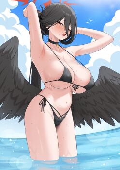 1girl absurdres armpits arms_up beach bikini bird black_bikini black_choker black_hair black_wings blue_archive blue_sky blush breasts choker cleavage cloud cloudy_sky collarbone commentary cowboy_shot feathered_wings front-tie_bikini_top front-tie_top hair_between_eyes halo hasumi_(blue_archive) hasumi_(swimsuit)_(blue_archive) highres large_breasts long_hair looking_at_viewer low_wings mole mole_under_eye navel ocean official_alternate_costume open_mouth outdoors red_eyes red_halo seagull side-tie_bikini_bottom sky solo standing sweat swimsuit tokishirazu wading wings