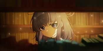 1girl absurdres bags_under_eyes black_hair blue_archive book bookshelf bookshelf_pov commentary_request hair_between_eyes hairband halo highres library looking_at_viewer messy_hair moving_gun purple_eyes purple_hairband solo turtleneck ui_(blue_archive)