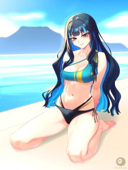 1girl absurdres bare_shoulders barefoot beach bikini black_bikini black_hair blue_hair blue_sky breasts cleavage colored_inner_hair dantonphanton fate/grand_order fate_(series) green_bikini grey_eyes grin highres long_hair looking_at_viewer medium_breasts mismatched_bikini multicolored_hair navel shore sidelocks sitting sky smile solo swimsuit tenochtitlan_(cactus_city)_(fate) tenochtitlan_(fate)