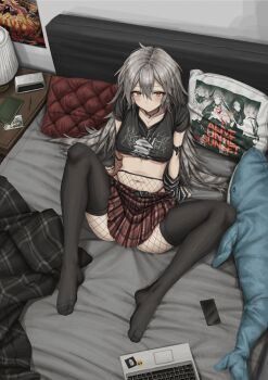 1girl absurdres alty_(arknights) arknights arm_support armband aya_(arknights) bed belt black_thighhighs blush breasts choker clock collarbone commission computer crop_top cropped_shirt cushion dan_(arknights) fartooth_(arknights) fishnet_pantyhose fishnets from_above frost_(arknights) grey_hair high-waist_pantyhose highres ikea_shark indoors lamp laptop lobsteranian long_hair looking_up medium_breasts midriff navel pantyhose plaid_clothes plaid_skirt pleated_skirt punk shirt sitting skirt solo spread_legs stuffed_animal stuffed_shark stuffed_toy t-shirt thighhighs thighhighs_over_pantyhose underboob yellow_eyes
