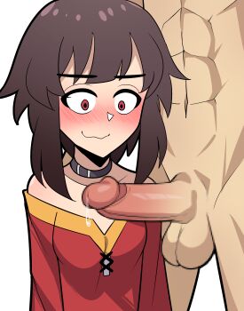 1boy 1girl abs absurdres bare_shoulders black_choker bluebutter blush breasts brown_hair censored choker clothed_female_nude_male commentary dress erection hetero highres kono_subarashii_sekai_ni_shukufuku_wo! megumin mosaic_censoring nervous_sweating nude off-shoulder_dress off_shoulder penis precum red_dress red_eyes small_breasts sweat testicles toned toned_male wavy_mouth