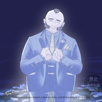 1boy clenched_hands closed_eyes closed_mouth collared_shirt commentary_request cowboy_shot facial_hair facing_viewer glowing highres jacket long_sleeves male_focus necktie nintendo open_clothes open_jacket pants philippe_(pokemon) pokemon pokemon_legends:_z-a shirt short_hair smile solo tsuruba_(tsu41014812) twitter_username vest watermark