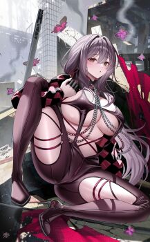 1girl :o absurdres blush bodysuit breasts brown_eyes bug building butterfly chain checkered_clothes cleavage clothing_cutout commentary crack cracked_floor finger_cots goddess_of_victory:_nikke grey_hair hair_between_eyes hair_intakes high_heels highres insect large_breasts latex latex_bodysuit leg_up long_hair long_sleeves looking_at_viewer lying official_alternate_costume on_ground outdoors purple_butterfly ruins scarlet_(nikke) scarlet_(racer's_high)_(nikke) shrug_(clothing) solo spread_legs strap sword tansuan_(ensj3875) very_long_hair weapon