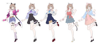 1girl absurdres alternate_costume animal_ears artist_collaboration black_shoes black_skirt blue_eyes blue_jacket blue_skirt breasts brown_hair cat_ears commentary crop_top english_commentary fingerless_gloves gloves grey_skirt hair_between_eyes hand_up hat heterochromia highres honkai_(series) honkai_impact_3rd jacket leg_up looking_at_viewer medium_breasts medium_hair multiple_views off-shoulder_shirt off_shoulder open_mouth pardofelis pink_gloves pink_hat pink_skirt purple_shirt purple_shorts reference_sheet sang_sha shirt shoes shorts simple_background sketch skirt white_background white_shirt zelian