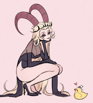 1boy 1girl animalization bare_legs blonde_hair blush_stickers commentary couple demon_girl english_commentary hazbin_hotel hellaverse helluva_venti hetero highres husband_and_wife lilith_(hazbin_hotel) looking_at_another lucifer_morningstar_(hazbin_hotel) symbol-only_commentary