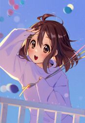 Rule 34 | 1girl, antenna hair, arm up, artist name, balloon, blue sky, commentary, day, english commentary, fence, hair between eyes, highres, hirasawa yui, holding, holding balloon, hyanna-natsu, k-on!, long sleeves, looking at viewer, medium hair, open mouth, outdoors, sky, sleeves past wrists, smile, solo, sweater, teeth, turtleneck, turtleneck sweater, upper body, upper teeth only, white sweater