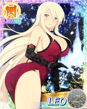 1girl aquarius_(symbol) aries_(symbol) arm_support ass black_gloves blonde_hair blush body_blush bracelet breasts cancer_(symbol) capricorn_(symbol) card_(medium) character_name christmas_lights cleavage dodecagram dress elbow_gloves floral_print_gloves flower flower_ornament gemini_(symbol) gloves hair_between_eyes ice_castle jewelry lace lace-trimmed_dress lace_trim large_breasts leo_(senran_kagura) leo_(symbol) libra_(symbol) long_hair looking_at_viewer night official_art outdoors panty_straps parted_lips pearl_bracelet pisces_(symbol) purple_eyes red_dress red_flower red_rose rose sagittarius_(symbol) school_emblem scorpio_(symbol) senran_kagura senran_kagura_new_wave shiny_skin side_slit sideboob snow snowflakes snowing solo taurus_(symbol) very_long_hair virgo_(symbol) zodiac_wheel