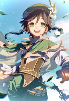 1boy :d artist_name beret black_hair braid cape cecilia_flower_(genshin_impact) collared_cape cowboy_shot flower genshin_impact gradient_hair green_cape green_eyes green_hat green_shorts hashtag-only_commentary hat hat_flower highres long_sleeves male_focus multicolored_hair open_mouth shokun_2 short_hair_with_long_locks shorts side_braids signature smile solo standing twin_braids venti_(genshin_impact) white_flower