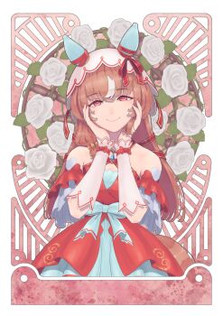 1girl absurdres animal_ears bow brown_hair closed_mouth commentary_request detached_sleeves ear_covers ear_ribbon flower highres horse_ears horse_girl long_hair moga_(vdvk3434) official_alternate_costume red_eyes rose smile solo still_in_love_(scarlet_vow_raiment)_(umamusume) still_in_love_(umamusume) string umamusume upper_body veil white_flower white_rose white_streaks white_veil