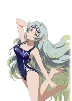 Rule 34 | 1girl, arm behind head, artist request, barefoot, blonde hair, blue hair, blue one-piece swimsuit, breasts, collarbone, full body, game cg, goggles, goggles on head, green eyes, green hair, large breasts, long hair, looking at viewer, multicolored hair, muzet (tales), no shoes, official alternate costume, official art, one-piece swimsuit, pointy ears, smile, solo, swim goggles, swimsuit, tales of (series), tales of asteria, tales of xillia, third-party source, transparent background, two-tone hair, whistle, whistle around neck, yellow eyes
