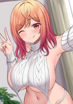 1girl absurdres alternate_costume bare_shoulders blush breasts cable_knit closed_mouth commentary_request detached_sleeves garter_straps gradient_hair grey_sweater highres hololive hololive_dev_is ichijou_ririka indoors large_breasts licking_lips long_hair looking_at_viewer multicolored_hair navel one_eye_closed orange_eyes orange_hair ramkilog selfie sideboob smile solo sweater tongue tongue_out underboob upper_body virgin_destroyer_sweater virtual_youtuber