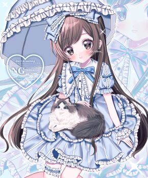 1girl absurdly_long_hair accurate_lolita_coord animal animal_on_lap blue_dress blue_eyes blue_ribbon blue_umbrella blush bow brown_cat brown_eyes brown_hair cat classic_lolita commentary commission dress fluffy frilled_dress frilled_wrist_cuffs frills hair_bow hashtag-only_commentary heart highres lace-trimmed_bow lace_trim legwear_garter lolita_fashion long_hair looking_at_viewer on_lap original puffy_short_sleeves puffy_sleeves ragdoll_(cat) ribbon short_sleeves skeb_commission solo sweet_lolita umbrella very_long_hair watermark wrist_cuffs yuni_(s_ribbon) zoom_layer