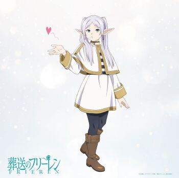 1girl belt black_belt black_pantyhose blowing_kiss boots brown_boots capelet closed_mouth dress earrings elf english_text female_focus flat_chest frieren full_body green_eyes grey_hair heart highres japanese_text jewelry loli long_hair long_sleeves looking_at_viewer miniskirt official_art pantyhose pointy_ears red_earrings skirt solo solo_focus sousou_no_frieren striped_clothes translation_request twintails white_capelet white_dress white_skirt