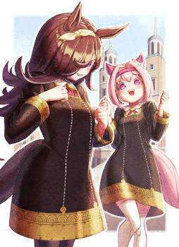 2girls alternate_costume animal_ears black_dress black_thighhighs blush bow brown_hair commentary_request creape cross_tie dress ear_bow ear_covers eden_academy_school_uniform flipped_hair flower-shaped_pupils flower_in_eye hair_over_one_eye hairband haru_urara_(umamusume) headband highres horse_ears horse_girl horse_tail long_hair long_sleeves multiple_girls open_mouth pink_eyes pink_hair pink_headband ponytail purple_eyes red_bow red_headband rice_shower_(umamusume) school_uniform sleeveless sleeveless_dress smile spy_x_family symbol-shaped_pupils symbol_in_eye tail teeth thighhighs umamusume upper_teeth_only white_hairband white_thighhighs