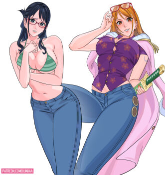 2girls bare_arms bare_shoulders bikini bikini_top_only black_hair blue_pants breasts brown_eyes button_gap cleavage coat coat_on_shoulders collarbone commentary cosplay costume_switch denim earrings english_commentary feet_out_of_frame floral_print glasses gold_earrings green_bikini hair_behind_ear halterneck holding holding_removed_eyewear holding_sheath jeans jewelry katana large_breasts long_hair looking_at_viewer midriff_peek multiple_girls nail_polish nami_(one_piece) nami_(one_piece)_(cosplay) nami_(one_piece)_(return_to_sabaody) navel one_piece orange_hair orange_nails paid_reward_available pants parted_lips patreon_username pearl_earrings pink_coat pink_lips pink_shirt print_shirt red-framed_eyewear sheath sheathed shirt short_sleeves shoulder_tattoo sidelocks simple_background skin_tight stomach stud_earrings swimsuit sword tashigi tashigi_(cosplay) tattoo tight_clothes tight_shirt unworn_eyewear uukkaa weapon white_background