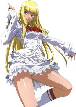 1girl blonde_hair boots breasts dot_nose dress emilie_de_rochefort female_focus fingerless_gloves frilled_dress frilled_panties frilled_skirt frilled_sleeves frills game_cg gloves green_panties highres legs long_hair long_sleeves looking_at_viewer medium_breasts miniskirt morita_kazuaki official_art open_mouth panties pantyshot purple_eyes queen&#039;s_blade queen&#039;s_gate queen&#039;s_gate_spiral_chaos simple_background skirt solo solo_focus tekken thighs underwear upskirt white_background white_boots white_dress white_gloves white_skirt