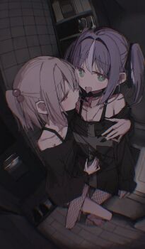 1boy 1girl 2mai84 bare_legs bare_shoulders barefoot black_choker black_hair black_nails brown_eyes choker crossdressing crossdressing_(mtf) fingernails fishnet_pantyhose fishnets green_eyes grey_hair hair_bobbles hair_intakes hair_ornament hetero highres indoors josou_seme long_fingernails looking_at_viewer medium_hair nail_polish off_shoulder one_side_up onii-chan_wa_oshimai! open_mouth pantyhose risachii_(onimai) senkawa_minato single_hair_streak tongue tongue_out trap twintails white_hair