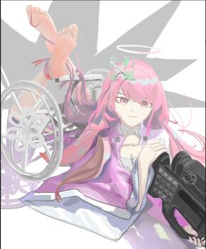 1girl arknights barefoot feet highres lemuen_(arknights) light_smile long_hair looking_at_viewer lying on_stomach pink_eyes pink_hair secaibaopo soles the_pose toes