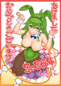 1girl 2026 alternate_costume animal_ear_hairband animal_ears bare_shoulders blue_bow blue_bowtie border bow bowtie breasts brown_pantyhose closed_mouth commentary_request dated detached_collar fake_animal_ears frog_hair_ornament gradient_border green_eyes green_hair green_leotard green_nails hair_ornament hair_tubes hairband hands_up highres kei_jiei kneeling kochiya_sanae large_breasts leotard long_hair looking_at_viewer pantyhose playboy_bunny rabbit_ear_hairband rabbit_ears red_border single_hair_tube smile snake_hair_ornament solo strapless strapless_leotard touhou translation_request white_wrist_cuffs wrist_cuffs