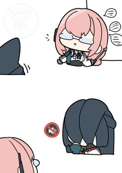 2girls absurdres animal_ear_fluff animal_ears black_hair blunt_bangs chibi fox_ears fox_girl glasses hair_between_eyes highres hoshimi_miyabi long_hair looking_at_another multiple_girls pink_hair shinonome_nashi simple_background tsukishiro_yanagi white_background zenless_zone_zero