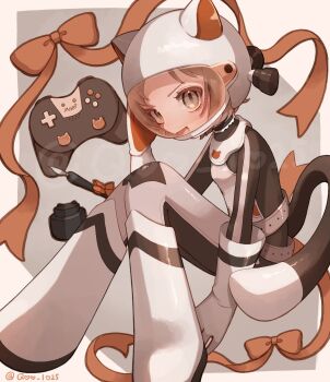 1girl animal_ears bow bowtie brown_hair controller fake_animal_ears game_controller highres magical_girl mahou_shoujo_ikusei_keikaku mahou_shoujo_ikusei_keikaku_restart open_mouth orange_bow orange_bowtie orange_ribbon pen qoo_1025 ribbon short_hair smile spacesuit yumenoshima_genopsycho