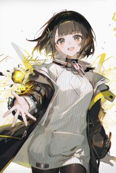 1girl arknights arknights:_endfield artist_name black_coat black_hair coat commentary cowboy_shot endministrator_(arknights) female_endministrator_(arknights) floating_hair grey_eyes highres long_sleeves looking_at_viewer medium_hair off_shoulder open_clothes open_coat open_mouth ribbed_sweater signature solo sweater symbol-only_commentary white_background white_sweater yutttang