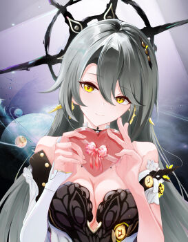 1girl absurdres bare_shoulders box breasts chinese_commentary cleavage commentary_request dress earrings greyscale halo heart-shaped_box highres honkai_(series) honkai_impact_3rd jewelry kaerbin large_breasts long_hair monochrome official_alternate_costume planet smile solo upper_body very_long_hair vita_(eldritch_vantage)_(honkai_impact) vita_(honkai_impact) white_background white_dress yellow_eyes