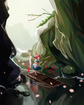 absurdres beads blue_vest boat coin dress falling_petals flower frilled_dress frills furahata_gen hair_beads hair_ornament hairstyle_request highres holding holding_scythe holding_weapon mouth_hold obi onozuka_komachi petals red_eyes red_hair reflection river sandals sanzu_river sash scythe short_hair socks spider_lily stalk_in_mouth standing touhou valley vest watercraft weapon white_dress white_socks