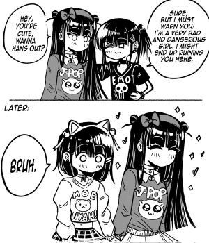 Rule 34 | 2girls, 2koma, :3, ^ ^, animal ear hairband, animal ears, black hair, black shirt, blush, bow, cat ears, closed eyes, clothes writing, comic, corrupted twitter file, crop top, double bun, earrings, emo-girl (grs-), english text, fake animal ears, greyscale, grs-, hair bow, hair bun, hair ornament, hairband, hairclip, heart, highres, holding hands, j-pop girl (grs-), jewelry, midriff, monochrome, multiple girls, no mouth, one eye closed, original, ponytail, shirt, skirt, skull, speech bubble, t-shirt, yuri