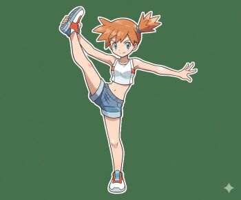 1girl bare_arms blue_eyes blue_shorts closed_mouth crop_top denim denim_shorts eyelashes green_eyes kneepits knees leg_hold leg_up looking_at_viewer midriff misty_(pokemon) navel nintendo orange_hair outstretched_arms pokemon pokemon_lgpe ponytail shirt shoes short_hair short_shorts shorts side_ponytail sleeveless sleeveless_shirt smile sneakers solo sparkle split split_mouth standing standing_on_one_leg standing_split white_shirt