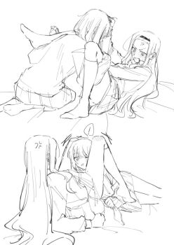 Rule 34 | !, 2girls, anger vein, angry, blush, cheek squash, clenched teeth, covered face, forehead, hairband, hand on another's head, head between thighs, holding, holding panties, holding underwear, holding unworn clothes, kirarazaka marina, knee blush, kneehighs, kuze shizuka, long hair, mobudeshi, multiple girls, no shoes, one eye closed, panties, pushing away, school uniform, short hair, sketch, skirt, socks, spoken exclamation mark, takopii no genzai, teeth, underwear, v-shaped eyebrows, yuri