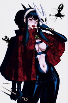 Rule 34 | 1girl, ai-assisted, artist name, black bodysuit, black gloves, black hair, blood, bloody weapon, blunt bangs, blush, bodysuit, breasts, cleavage, cleavage cutout, clothing cutout, contrapposto, cosplay, drop shadow, dual wielding, earrings, film grain, floral print, gloves, gold earrings, hairband, half-closed eyes, highres, holding, holding needle, hollow knight, hollow knight: silksong, hornet (hollow knight), hornet (hollow knight) (cosplay), jewelry, leather, leather suit, licking blood, long hair, long sleeves, looking at viewer, mask, medium breasts, navel, navel cutout, needle, prixmal, red eyes, red lips, reverse grip, rose print, shadow, sidelocks, simple background, spy x family, standing, weapon, white background, yor briar