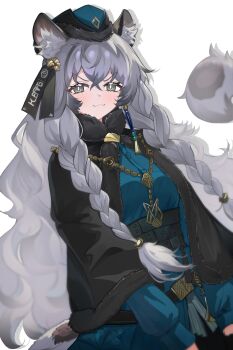 1girl :3 animal_ear_fluff animal_ears arknights black_capelet blue_dress blue_hat braid bright_pupils capelet closed_mouth crossed_bangs dress fur-trimmed_capelet fur_trim green_eyes grey_hair hair_between_eyes hat highres kampswe_galong kjerag_logo long_hair pramanix_(arknights) pramanix_the_prerita_(arknights) simple_background solo twin_braids v-shaped_eyebrows white_background white_pupils