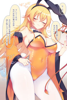 1girl animal_ear_hairband animal_ears black_bow black_bowtie black_hairband blonde_hair blush bow bowtie breasts brown_background closed_eyes closed_mouth commentary_request covered_navel cowboy_shot crossed_bangs detached_collar detached_sleeves drum fake_animal_ears fake_tail gradient_background hair_between_eyes hairband hand_on_own_hip highres instrument large_breasts leotard long_hair long_sleeves matara_okina orange_leotard pantyhose playboy_bunny rabbit_ear_hairband rabbit_ears rabbit_tail solo strapless strapless_leotard sweat tail tama_(soon32281) touhou translation_request very_long_hair white_background white_pantyhose wide_sleeves