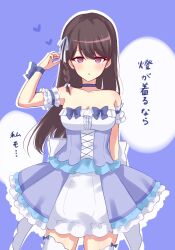 Rule 34 | 1girl, :o, back bow, bang dream!, bang dream! it&#039;s mygo!!!!!, bare shoulders, blue background, blue dress, blush, bow, braid, breasts, brown hair, cleavage, commentary request, cowboy shot, detached sleeves, dress, hair between eyes, hair ribbon, hand up, highres, long hair, looking at viewer, meu203, mole, mole under eye, outline, parted lips, purple eyes, ribbon, shiina taki, side braid, solo, strapless, strapless dress, thighhighs, translation request, white outline, white ribbon, white thighhighs, zettai ryouiki