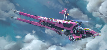 1girl animal_ears blue_sky car cloud cloudy_sky floating fox_ears hair_between_eyes highres honkai_(series) honkai_impact_3rd long_hair long_sleeves looking_at_viewer machine motor_vehicle pink_hair purple_eyes richard_yu science_fiction sky solo standing vehicle_focus yae_sakura