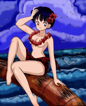 1girl arm_support barefoot bird black_hair breasts censored cloud cloudy_sky convenient_censoring escarlata524 eyeshadow female_focus floral_print flower flower_necklace hair_flower hair_ornament hand_on_own_head in_tree jewelry legs lei light_smile makeup nail_polish navel necklace ocean outdoors palm_tree parted_bangs public_indecency ranma_1/2 red_eyes red_nails sarong seagull short_hair sitting sitting_in_tree sky smile solo tendou_akane toenail_polish toenails topfreedom topless_female tree underboob water