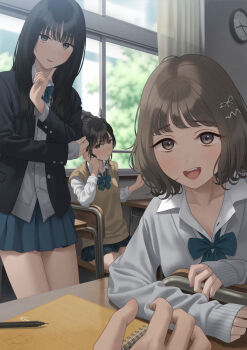 1other 3girls :d black_eyes black_hair black_jacket blazer blue_bow blue_bowtie blue_skirt bow bowtie brown_hair cardigan cardigan_under_jacket chair classroom clock collared_shirt commentary_request curtains desk fang grey_cardigan hair_ornament hairpin highres indoors jacket long_hair looking_at_viewer loose_bowtie multiple_girls notebook on_chair open_clothes open_jacket open_mouth original pen pov pov_hands school_chair school_desk school_uniform shirt sitting skirt sleeves_past_wrists smile standing sweater_vest teeth tongue upper_teeth_only wall_clock white_shirt window yellow_sweater_vest yukishima_momo