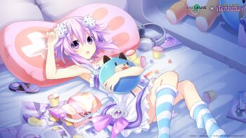 1girl :o arm_up armpits bare_arms blue_socks choujigen_game_neptune compile_heart date_a_live date_a_live:_spirit_pledge dress food game_console highres holding idea_factory looking_at_viewer lying medium_hair neptune_(neptunia) neptune_(series) on_back on_bed pillow pudding purple_eyes purple_hair socks solo striped_clothes striped_socks white_dress white_socks