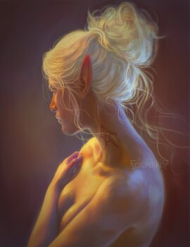 Rule 34 | 1girl, baldur's gate, baldur's gate 3, breasts, cleavage, colored skin, covering breasts, covering privates, dark elf, dungeons & dragons, dungeons &amp; dragons, elf, feyspeaker, hair bun, highres, minthara, neck tattoo, nude, pointy ears, profile, purple skin, realistic, simple background, single hair bun, solo, tattoo, upper body, white hair