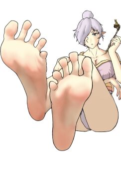 1girl barefoot breasts chang_a_chang_a_chang cleavage crossed_legs feet grey_eyes grey_hair hair_over_one_eye highres looking_at_viewer medium_hair original pointy_ears soles toes