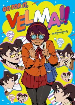 Rule 34 | 2girls, alternate costume, bag, black-framed eyewear, black pantyhose, blush, brown hair, brown jacket, chibi, commentary, english commentary, english text, glasses, headband, highres, holding, holding bag, jacket, lgbt pride, long sleeves, looking at viewer, low ponytail, marcie fleach, medium hair, miniskirt, multiple girls, neck ribbon, officeanomaly, opaque glasses, orange jacket, pantyhose, pleated skirt, ponytail, pride month, purple eyes, purple lips, red headband, red ribbon, ribbon, school bag, school uniform, scooby-doo, scooby-doo! mystery incorporated, scooby-doo (series), semi-rimless eyewear, skirt, sweat, velma dinkley, yuri